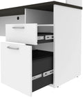 Drawer compartments of Heavy Hitter L Shaped Electric Standing Desk with smooth motorized lift in white and black.