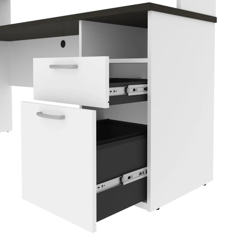 Drawer compartments of Heavy Hitter L Shaped Electric Standing Desk with smooth motorized lift in white and black.