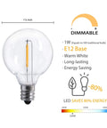 G40 LED Replacement Bulbs 1W Shatterproof Globe Fits E12 Candelabra Base And C7 Sockets 1.5 Inch Dimmable Warm White Light
