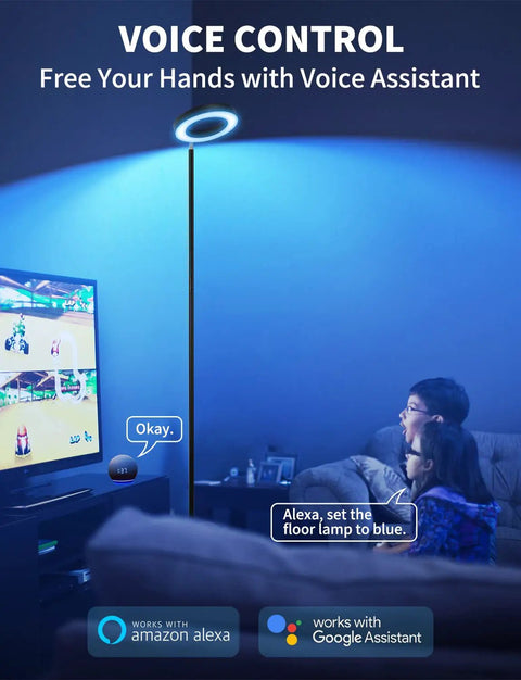 Smart RGBW Floor Lamp With Double Side Lighting 2400 Lumen Dimmable LED in a living room with voice control via Alexa