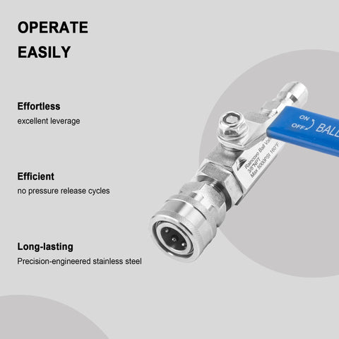 Heavy duty hot water ball valve, stainless steel, 3/8 inch quick connect, ergonomic grip, up to 5000 PSI, Raincovo.