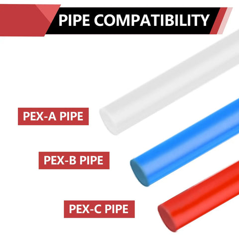 Pipe compatibility chart for 10 Piece PEX Swivel Adapter Fittings Half Inch PEX To Half Inch Female NPT Brass Crimp Lead Free For PEX Tubing Systems Great For DIY Home Plumbing Works With Stainless Steel Clamp And Copper Crimp Rings ASTM F1807 NSF Certified, showing PEX-A, PEX-B, PEX-C pipes