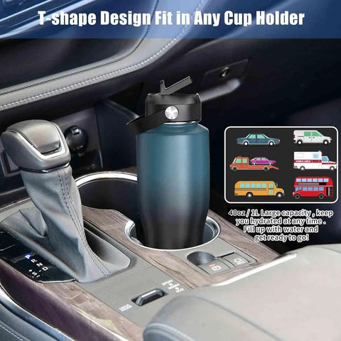 Smooth Operator 40oz Stainless Steel Vacuum Insulated Water Bottle With Straw And Spout Lids Kept Ice Cold For Two Full Days Fits Every Car Cup Holder For Weekend Drifts Summer Vibes And Travel Black in car cup holder.