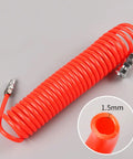 Hella Durable Coiled Air Compressor Hose Built Damn Tough With Single Layer Polyurethane And Oil Resistant Build featuring red coiled design and metal fittings.