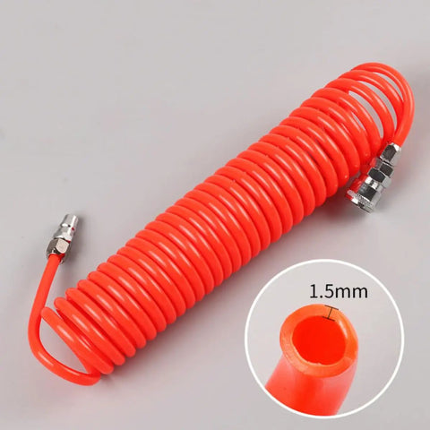 Hella Durable Coiled Air Compressor Hose Built Damn Tough With Single Layer Polyurethane And Oil Resistant Build featuring red coiled design and metal fittings.