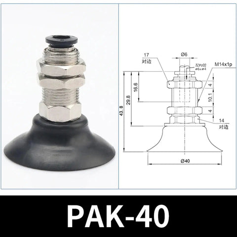 Top Notch Pak Series Pneumatic Rubber Sucker Cup Chuck For Industrial Vacuum Gripping. PAK-40 rubber suction cup with metal fitting.