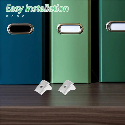 Heavy Duty Steel Shelf Support Clips for cabinets shown in front of file binders, 200 piece metal pegs set, rust resistant