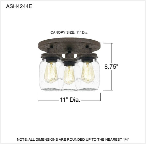 3-Light Textured Black Flush Mount With Faux Mahogany Wood Accents, Clear Glass Mason Jar Shade, 11" Dia, 8.75" Height, Steel
