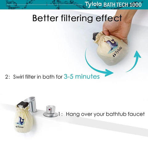 Hydrogen-Rich Bath Water Filter For Tub Faucet With 7 Oz Purifying Minerals demonstration, showing filter hanging and swirling in bath.