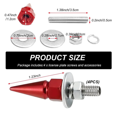 Kickass Anti Theft Spike License Plate Screws With Heavy Duty Aluminum Bolts For Cars Trucks And Motorcycles, showing sizes and components.
