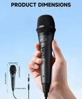 Hand holding Wired Handheld Cardioid Vocal Microphone for Singing and Live Performances with 13 Ft cable, product dimensions shown.