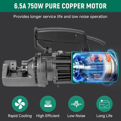 Close-up of 750W pure copper motor for Heavy Duty 5/8 Inch Electric Hydraulic Rebar Cutter Machine, showcasing efficiency and design.