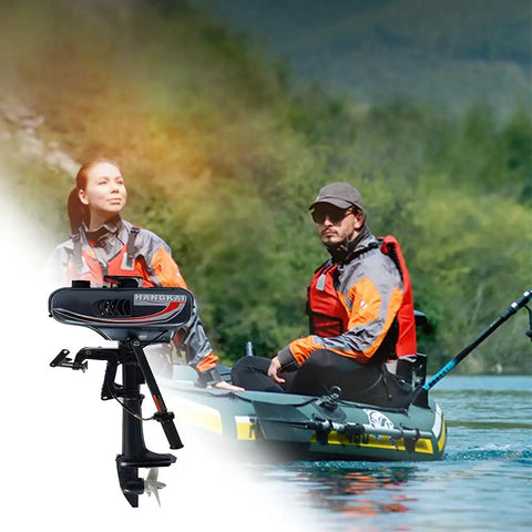 Couple on river with Powerful 3.5HP 2 Stroke Outboard Motor With Water Cooling System Rugged For Rough Rivers And Fishing Trips