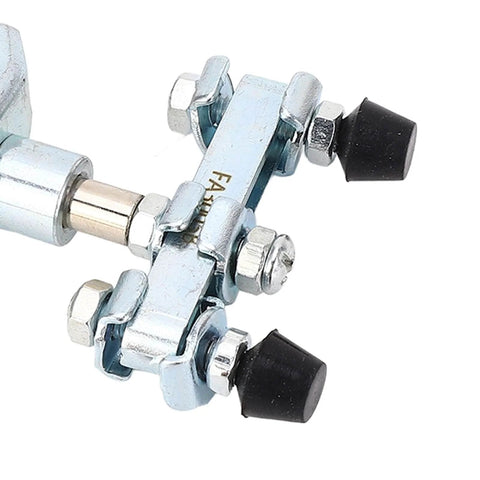 Close-up of a 40kg Quick Release Toggle Clamp With Left Right Operation, stainless steel with rubber ends and bolts for woodworking jigs.