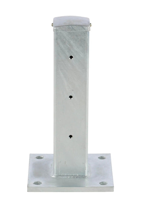 Beefy Galvanized Steel Drop In Fender Post With Tough As Nails Corrugated Guard Rail Powder Coated Bright Yellow for shop floor safety.