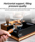 Level Up Your Daily Grind With This Hella Durable Wooden Espresso Tamping Station And Quick Dump Knock Box showing 90-degree horizontal support in use.
