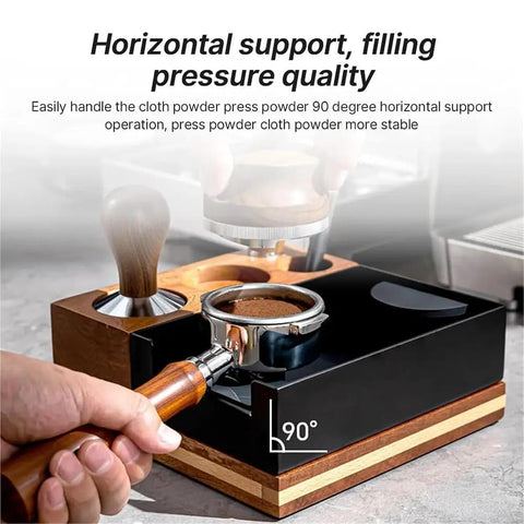 Level Up Your Daily Grind With This Hella Durable Wooden Espresso Tamping Station And Quick Dump Knock Box showing 90-degree horizontal support in use.