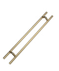 Offset Double Sided Door Pull Handle In Sweet Satin Gold Finish 900mm 36 Inch 304 Stainless Steel Round Bar ladder-style handle on white background