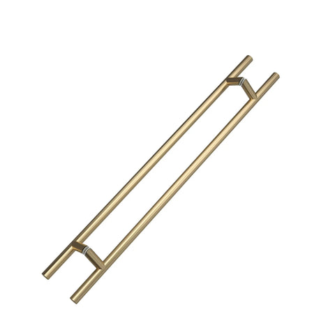 Offset Double Sided Door Pull Handle In Sweet Satin Gold Finish 900mm 36 Inch 304 Stainless Steel Round Bar ladder-style handle on white background