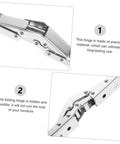 Two-piece folding cabinet hinge in silver metal; hidden bracket for furniture, front and side views.
