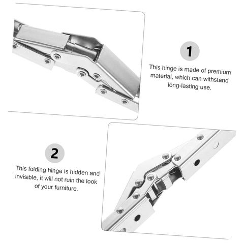 Two-piece folding cabinet hinge in silver metal; hidden bracket for furniture, front and side views.