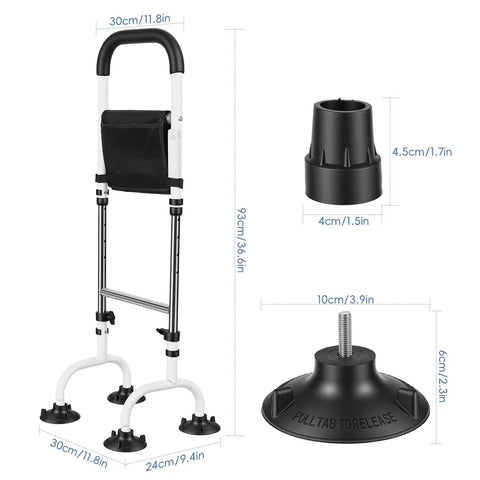 Adjustable Quad Cane Standing Aid For Seniors with measurements, black iron grab rail, stable support for surgery recovery.