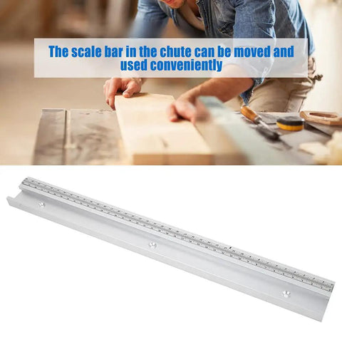 T Track Miter Bar Slider Aluminum Alloy Woodworking Guide Rail With Measuring Scale 400mm 500mm 600mm lengths, close-up in use
