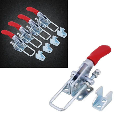 Four Piece Heavy Duty Toggle Clamps Set With Quick Acting Release Latch And No Fuss Adjustable Base Designed For Toolboxes And Woodworking Jigs Built Like A Brick For Reliable Daily Garage Tasks showing clamps with red handles and mounting plates.