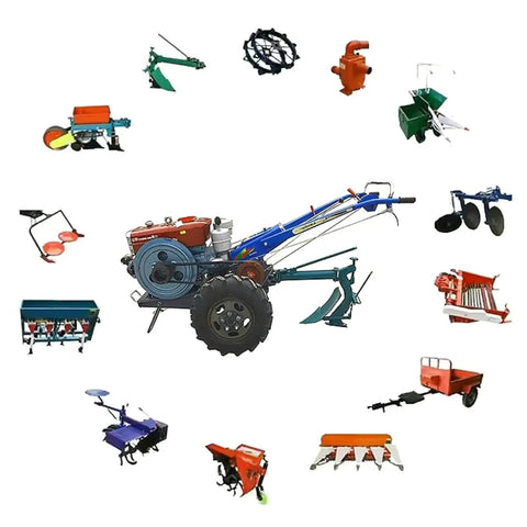 Compact 2 Wheel Walking Tractor For Small Farms And Gardens With A Workhorse Cultivation Tiller Motocultor shown with attachments