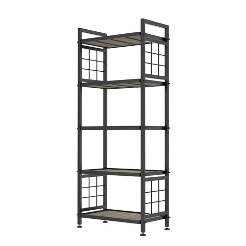 Total Game Changing Five Tier Pantry Shelving With Chunky Wooden Boards And Heavy Duty Adjustable Wire Grids And Super Sturdy Storage Rack For Kitchen Closet Or Laundry Room Setup In Matte Black, showing tall shelving unit with wood and metal.