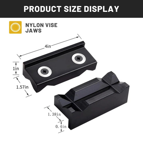 Heavy Duty Nylon Vise Jaw Pads With Rock Solid Magnets For No Slip Bench Vice Protection Soft Grip Cover Fits Any Steel Workbench Vise Garage Grade Black, showing dimensions of 4in x 1in x 1.57in.