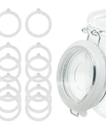 Set of 12-piece white silicone jar sealing rings for glass mason jars; front view with jar and lid