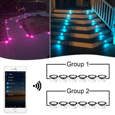 WiFi RGBW Deck Light Kit 20 Pack Low Voltage Recessed In Ground Outdoor Lights for Garden Patio Stair shown on steps