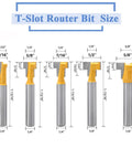Five Piece T Slot Router Bit Set With 1/4 Inch Shank Keyhole Track Cutters For 5/16 3/8 7/16 1/2 And 5/8 Inch Slots