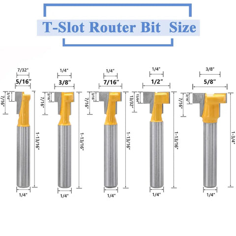 Five Piece T Slot Router Bit Set With 1/4 Inch Shank Keyhole Track Cutters For 5/16 3/8 7/16 1/2 And 5/8 Inch Slots