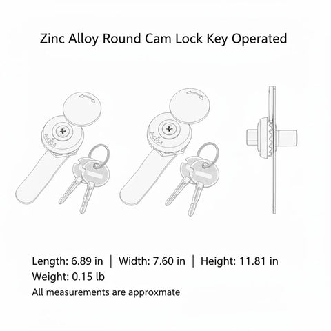 Zinc Alloy Round Cam Lock For Cabinets And Tool Boxes With Key Operated Security, Built Tough Replacement Hardware dimensions shown