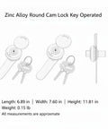 Key Operated Round Cam Lock For Cabinet Replacement Zinc Alloy Lock With 3.0 X 2.8 X 0.8 Inch Size Includes Keys Perfect For Office Cabinets Tool Boxes Utility Cupboards And More, illustrated with measurements and keys.
