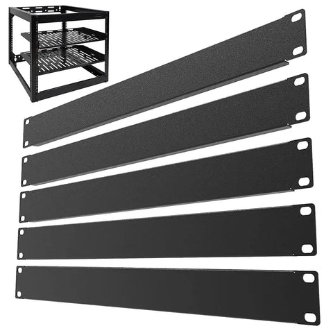 Plug And Play 5 Pack 1U Blank Panels Premium Steel Rack Mount Filler Plates showing five black steel panels for standard 19-inch racks.