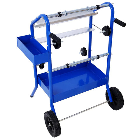 Mobile 18 Inch Multi Roll Masking Paper Machine With Storage Trays And Tape Dispenser Stand For Car Paint Prep And Body Shop, Runs 12 Inch And 6 Inch Top Rolls With An 18 Inch Central Roll Or Dual 18 Inch All-In-One System, Blue