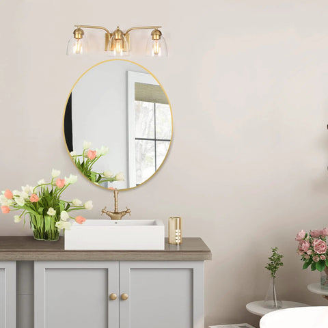 Bathroom with Gold Vanity Light Fixture Set With Clear Glass Shades, Modern 3 Light Over Mirror Bath Lighting, Sleek Gold Finish