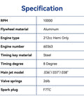 Specification sheet for Aluminum 212 Hemi Flywheel For Predator 212cc 224cc 60363 Engines Plus Honda GX160 GX200 Clones timing key.