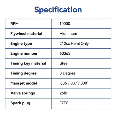 Specification sheet for Aluminum 212 Hemi Flywheel For Predator 212cc 224cc 60363 Engines Plus Honda GX160 GX200 Clones timing key.