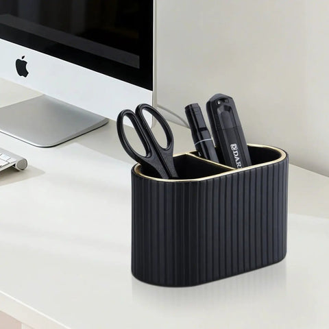 PU Leather Desk Organizer Pen Holder With Dual Compartment Pencil Cup And Remote Control Storage for Office Home School Black