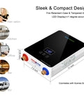 High Flow Tankless Water Heater 5.5kW 240V For Point Of Use Instant Hot Water Self Modulating Digital Display With Overheating Protection ECO55W White, shown with dimensions and use illustrations in home and RV settings.