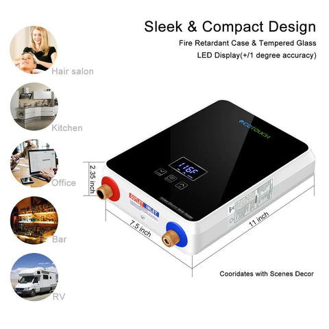 High Flow Tankless Water Heater 5.5kW 240V For Point Of Use Instant Hot Water Self Modulating Digital Display With Overheating Protection ECO55W White, shown with dimensions and use illustrations in home and RV settings.