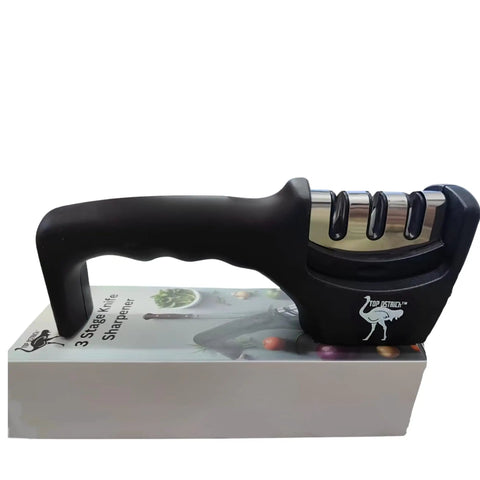 Three Stage Kitchen Knife Sharpener For Steel And Ceramic Blades With Manual Whetstone And Polishing System Beginner Friendly Ergonomic Non Slip Base Get A Killer Razor Edge In Seconds product on display box