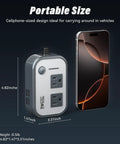 Heavy Duty 200W Car Power Inverter With Four USB Ports And AC Outlet Plug For Laptops Phones And CPAP Machines Road Trip Ready, shown next to a smartphone for size comparison.