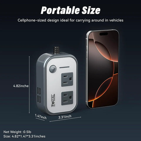 Heavy Duty 200W Car Power Inverter With Four USB Ports And AC Outlet Plug For Laptops Phones And CPAP Machines Road Trip Ready, shown next to a smartphone for size comparison.