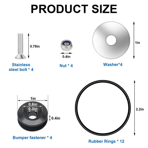 Diagram showing components of the Universal Car Bumper Quick Release Kit With Front And Rear Clips, highlighting sizes and materials.