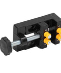 Rugged Drill Press Clamp For Woodworking, Aluminum Alloy Bench Vise With 55mm Clamp Range, side view showing easy turn knob and clamp parts.